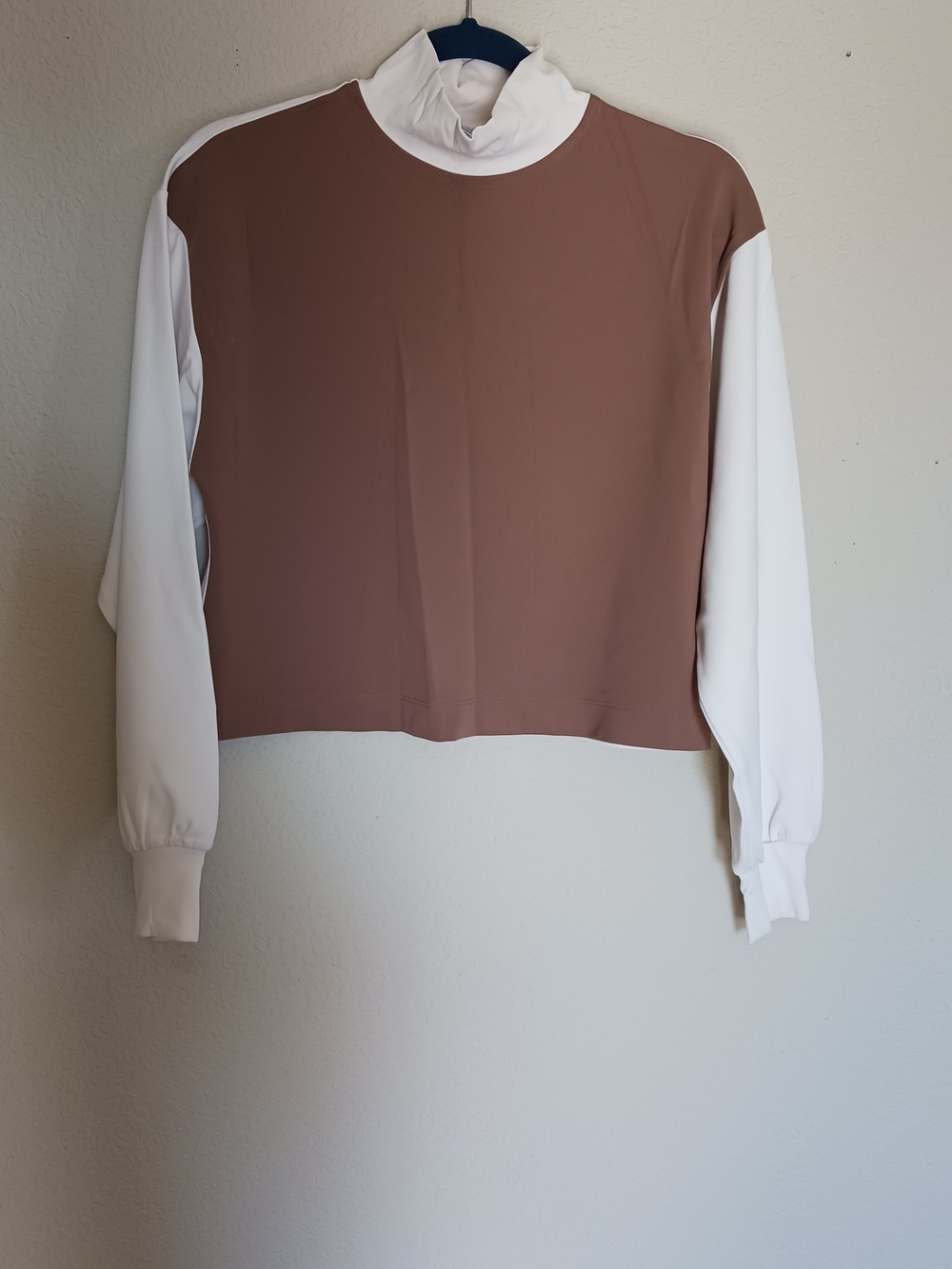 Athleta Two-Tone Mock Neck Long Sleeve Top in Brown and White